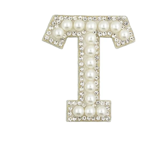 

Glue on white pearl letter T iron on rhinestone patches for blouses