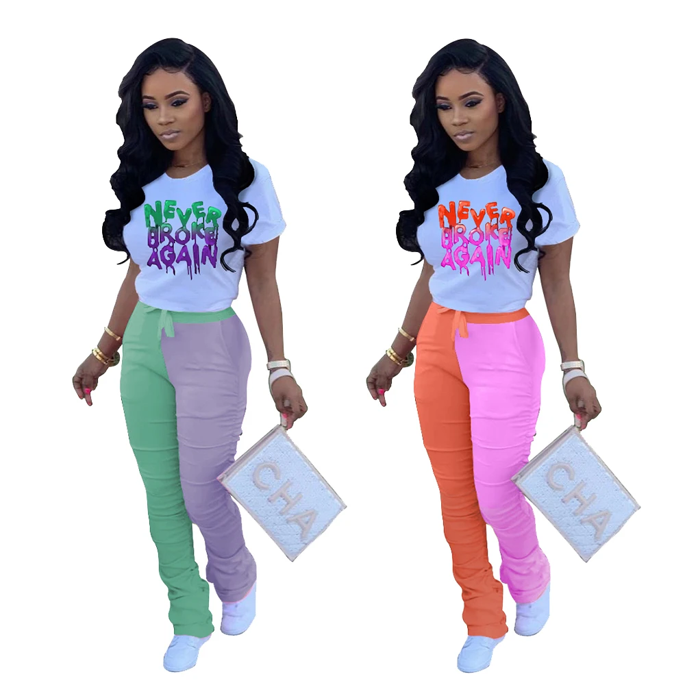 

Summer set T-shirt letter print long pant patchwork lady fashion sets, Green, orange