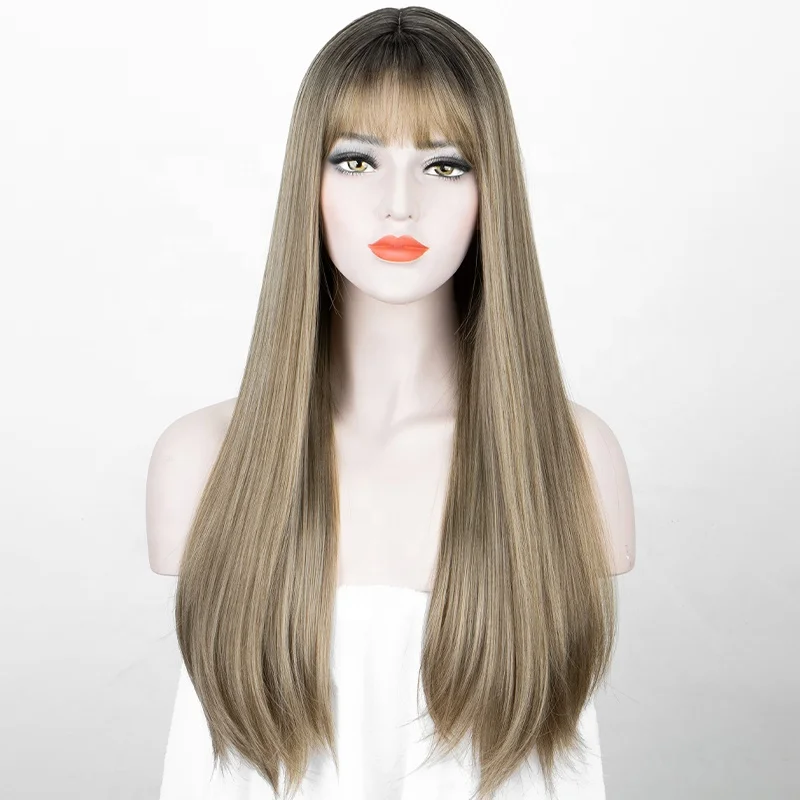 

Aliblisswig New Heat Resistant Fiber Hair 26" Long Straight Ombre Blonde Machine Made None Lace Synthetic Wig with Full Bang