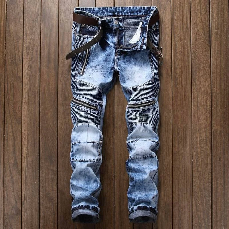 

motor & biker design cotton polyester casual hip hop skinny punk pattern streetwear denim trousers fashion biker jeans men