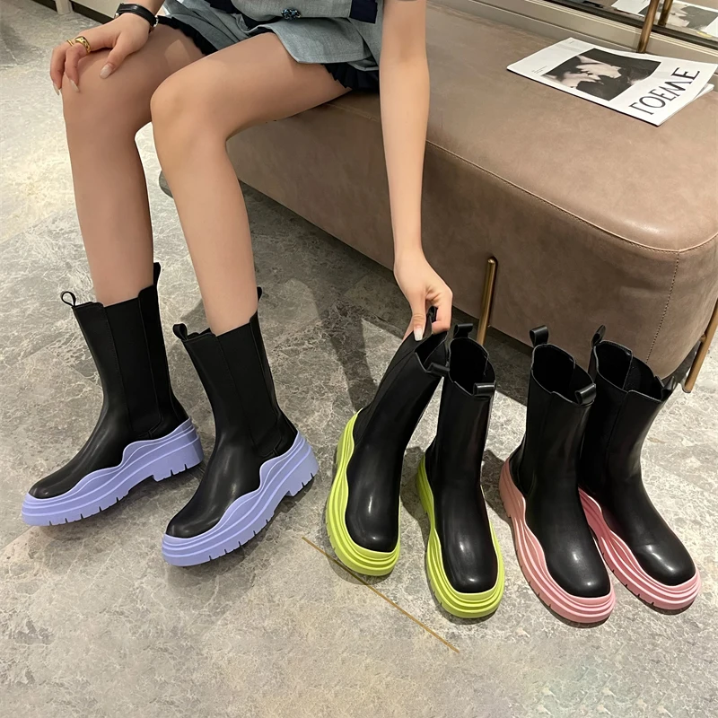 

2021Spring/Autumn Bordered Platform Mid-Calf Women Shoes Chelsea Boots Size 35-39 Outdoors Fashion Leisure MATURE Squared Heel, Green pink purple