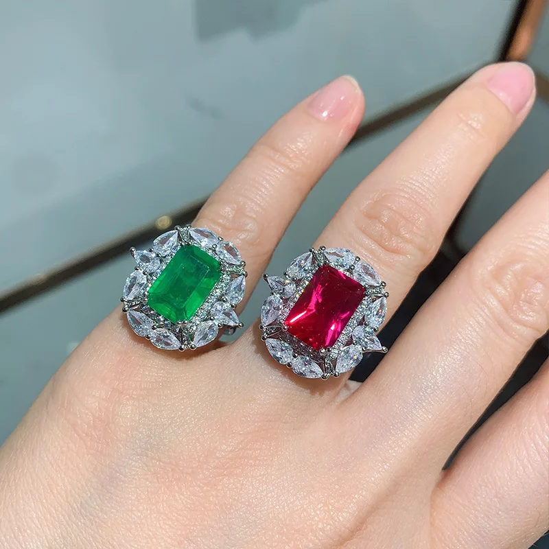 

High Quality Glitter Inlay Pigeon Blood Ruby Diamond Ring Adjustable Bling Zirconia Rectangle Emerald Wedding Ring, As picture show