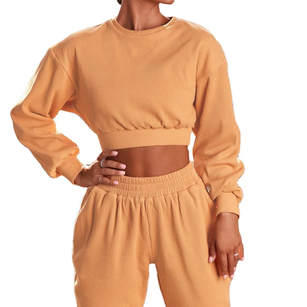 

Women Thermal Thick Ribbed Comfort Loose Fit Long Sleeve Top and Joggers Pants Set, 6 colors