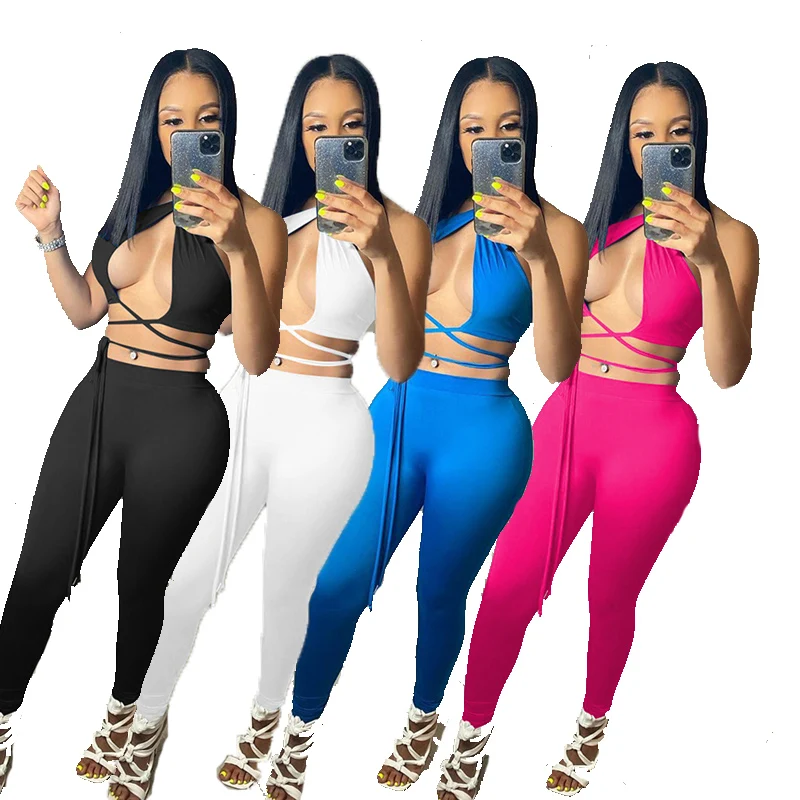 

2021 New Arrival Summer Women's Sexy Set Low Cut Hanging Neck Bandage Leisure High Waist Tight Sports Suits, As picture