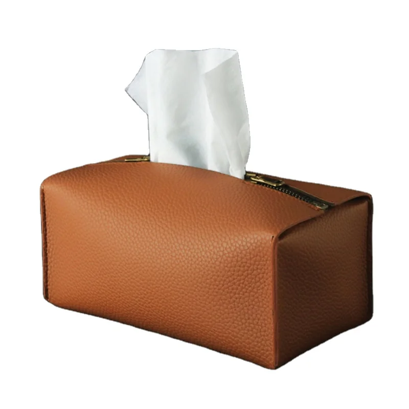 

Chinese Factory Home Decoration PU Leather Rectangle Car Tissue Box Cover Holder, Tan brown black