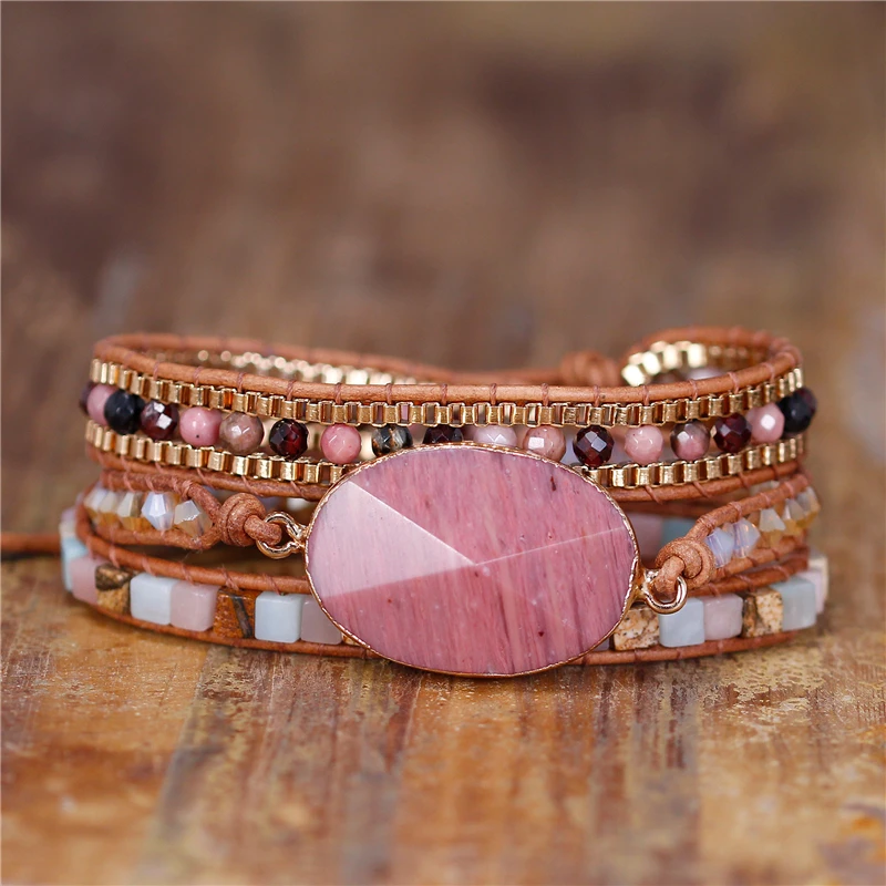 

YueTong Rhodonite Leather Wrap Bracelet Pink Natural Stone Beaded Bracelet BOHO Triple Wrap Around Beads Bracelet Jewelry