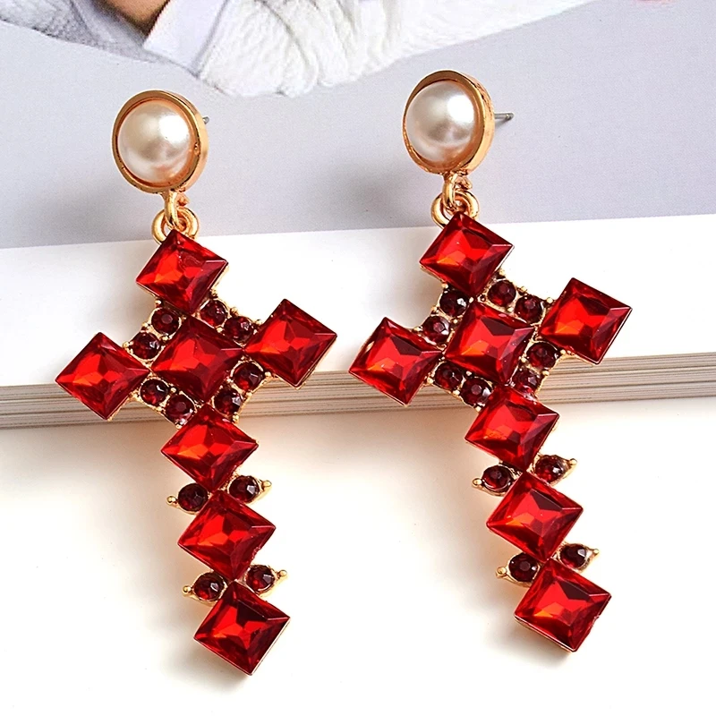 

Kaimei Fine Jewelry Accessories For Women Christmas Gift New Metal Crystal Long Cross Earrings Baroque Fashion Drop Earrings, Many colors fyi