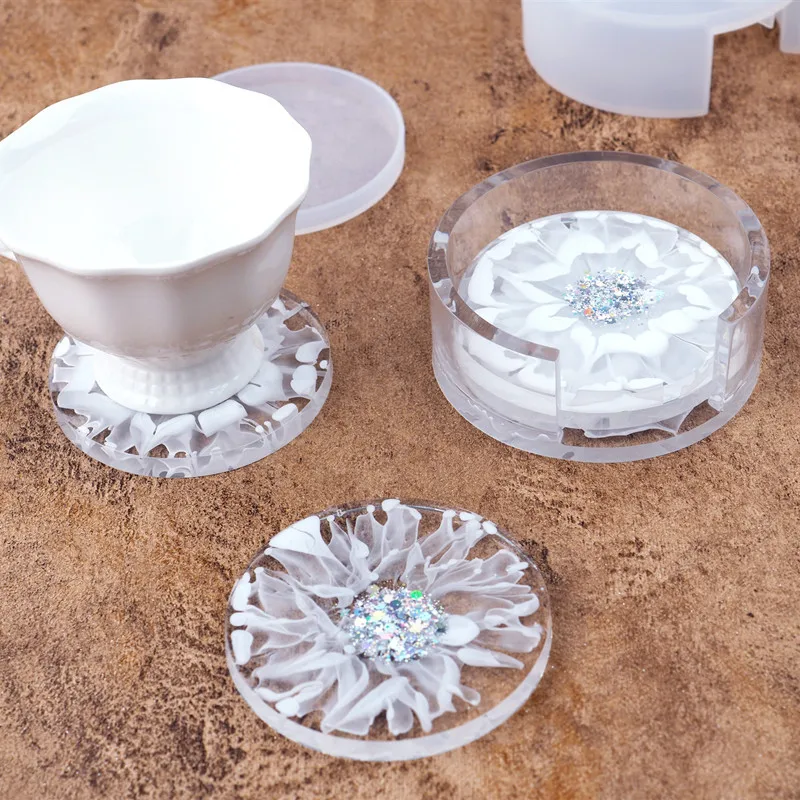 

shinny new design round shape cup coaster and container set silicone mold for resin craft handmade diy, White