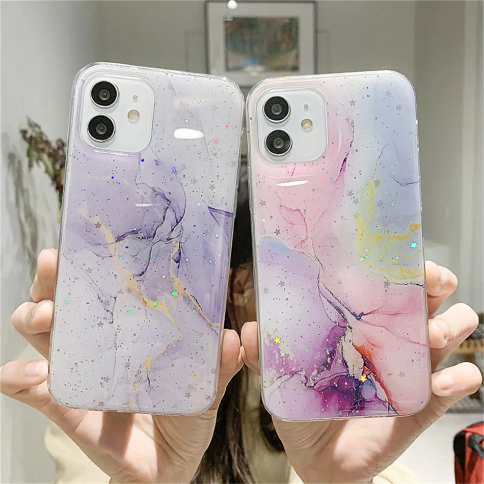 

Square Glossy Watercolor Marble Phone Case For iPhone 13 12 11 Pro XS Max XR X Mini 7 8 Plus SE 2020 Shockproof Back Cover