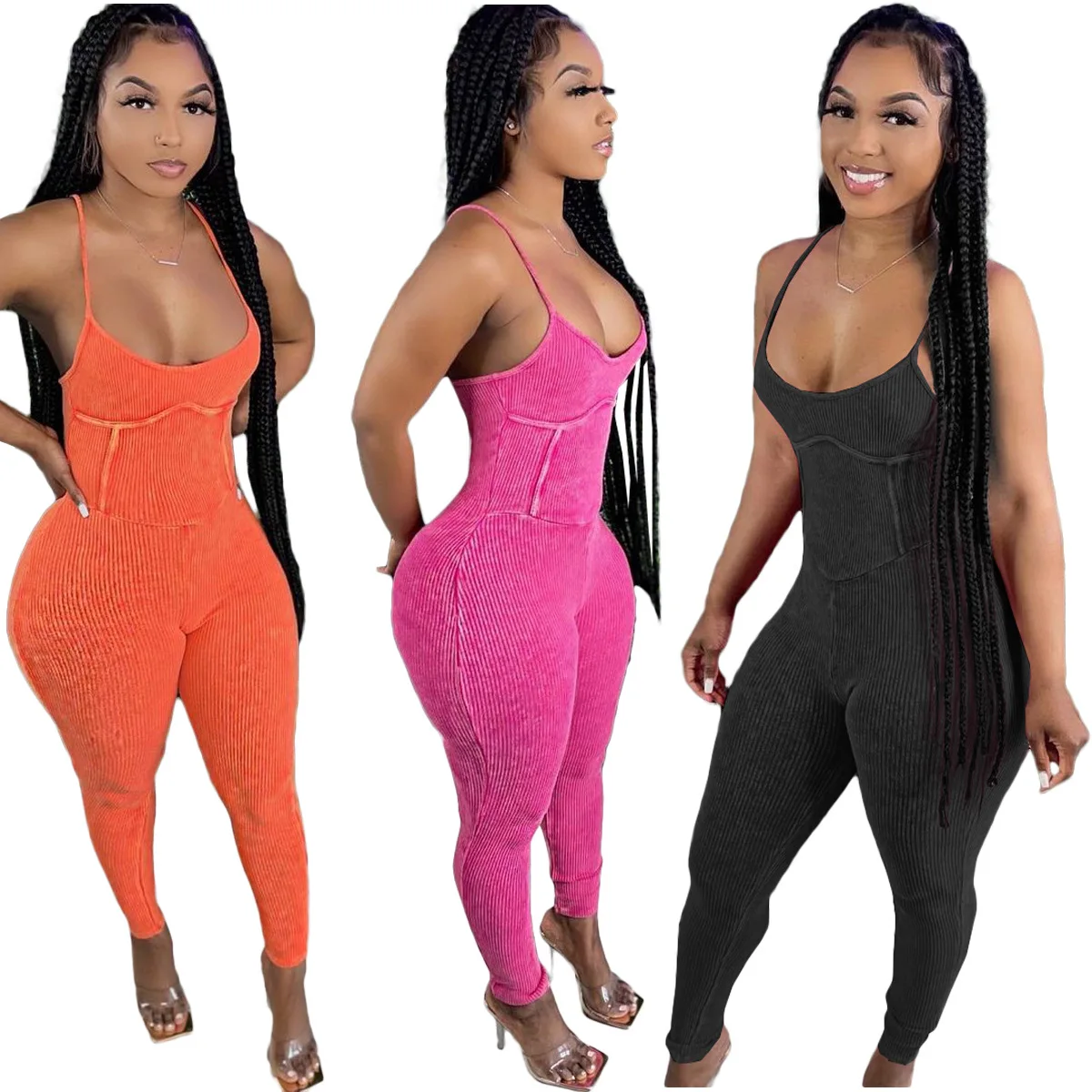 

2021 Summer New Arrival Sling Jumpsuit Ribbing Rompers Women's Sexy One Piece V-Neck Bodysuit Solid Color Jumpsuits For Women