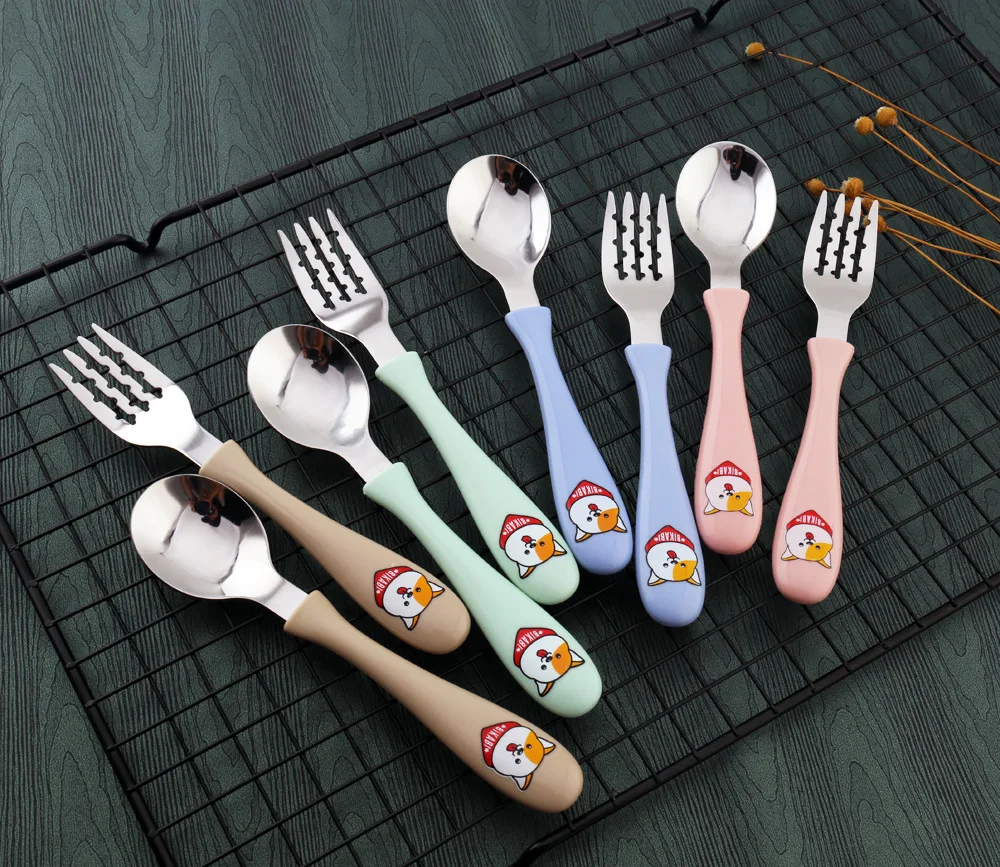 

304 stainless steel spoon fork children's cutlery set cute cartoon spoon fork easy to carry campus cutlery case, Pink