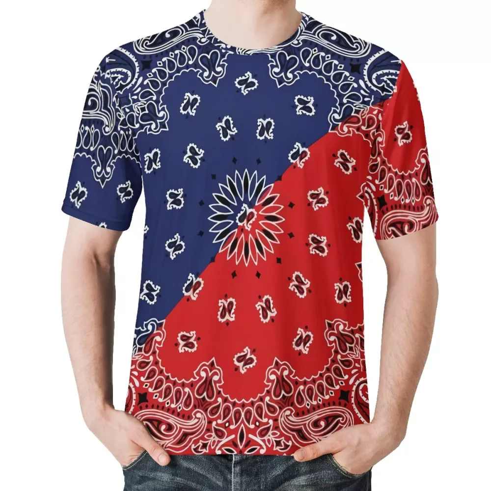 

Red Blue Color Match Print On Demand Paisley Bandana Printed Style Clothing Custom Oversize Man T-shirt Comfortable Men Shirt, Customized color