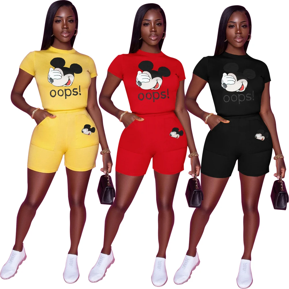 

2021 new arrivals summer cotton plus size cartoon print casual 2 two piece short pant set women clothes outfits clothing, Picture