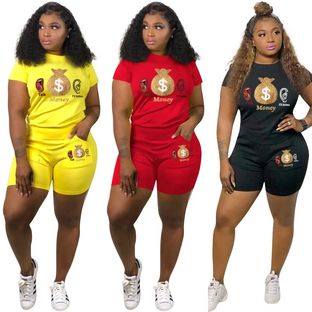 

pattern Print Summer Women Short Sleeve O-Neck T-shirts Top Pencil Shorts Suits Sports Tracksuit Two Piece Set Women Clothing