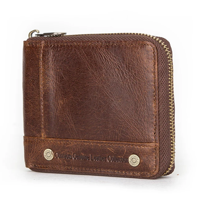 

CONTACT'S 100% Genuine Leather Rfid Wallet Men Leather Coin Purse Short Male Card Holder Wallets Zipper Around Money Bag Quality, Brown, blue, coffee or customized