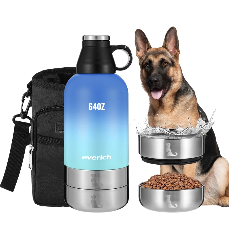 

Everich Popular Portable 3 in 1 Pet Dog Travel Food Feeder 64 oz Drinking Water Bottle with Carry Bag