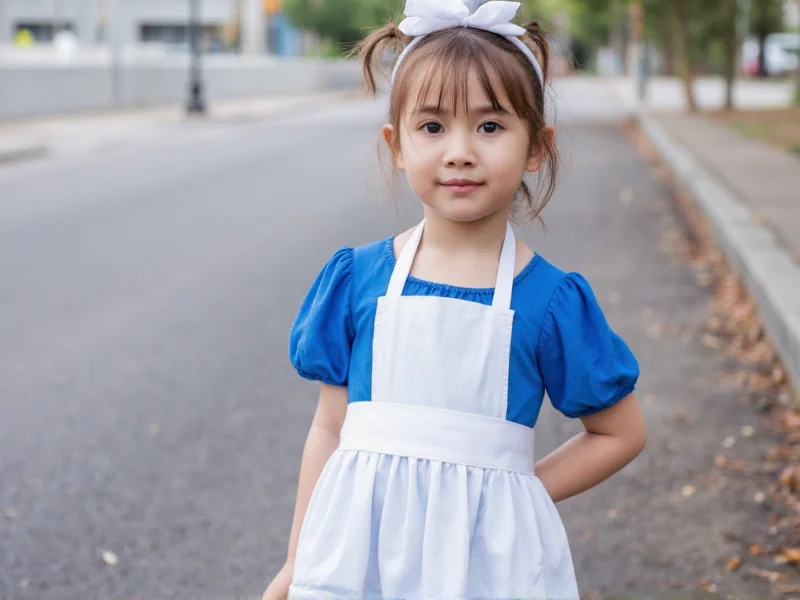 Girl in blue dress with white apron and headband