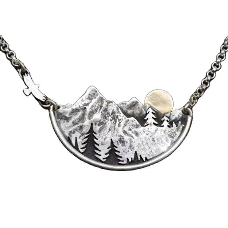 Jewelry Landscape Necklaces Gold Sun Flying Bird and Pine Trees Pendant Mountain Necklace