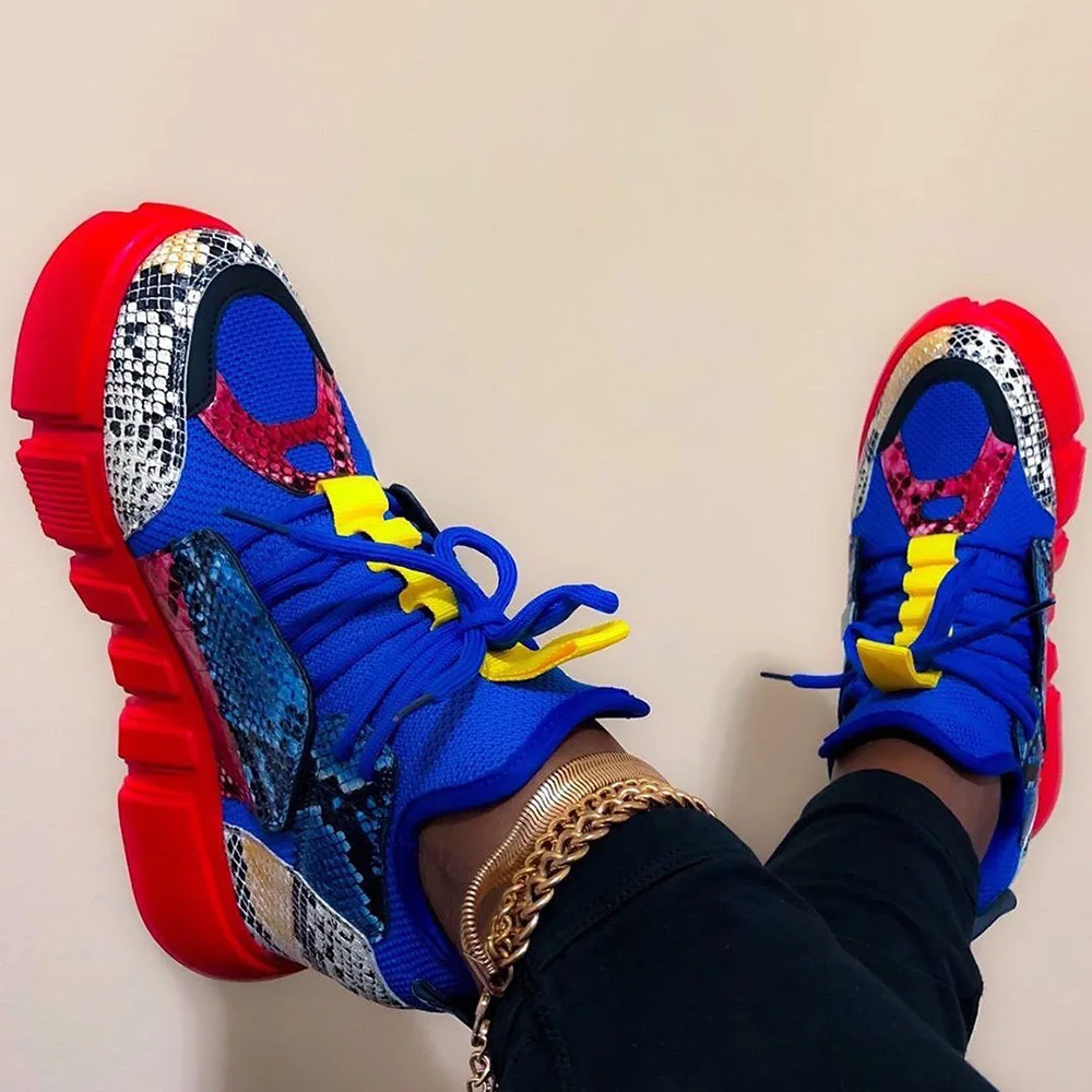 

Fashion Snake pattern Round Toe Mid-Cut Upper Lace-Up Women Platform Sneakers, Red