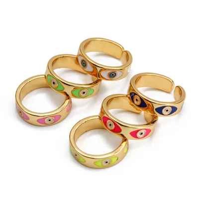 

Wholesale Women Jewelry 18K Gold Plated Enamel Eyes Rings Crystal Oil Drop Evil Eyes Open Ring For Women