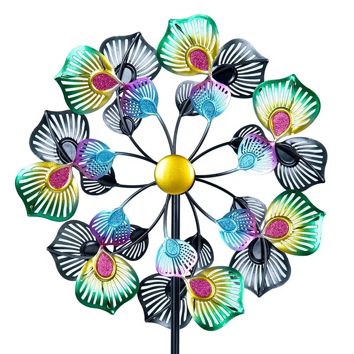 

Hourpark wholesale metal wind spinners colorful peacock feathers feature sculpture landscape garden wind spinners