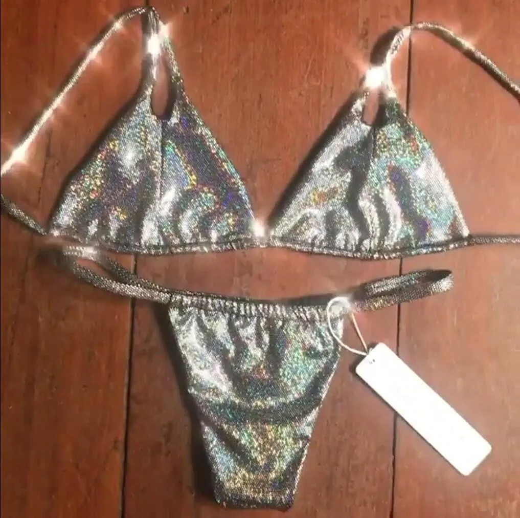 

Silver Metallic Crystal Swimwear Glitter Reflect Transparent Sequin Micro Mini Bikini Oily Dance