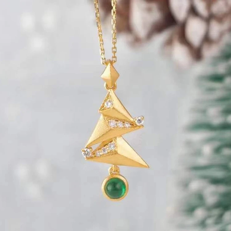 

Solid 18K Yellow Gold with Natural Gemstone Diamond Emerald Christmas Tree Pendant Real Gold Jewelry
