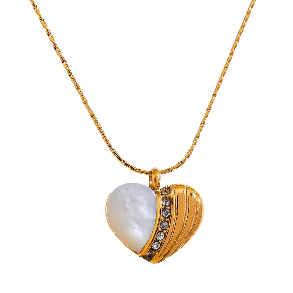 

JINYOU 979 Fashion Natural Shell Zircon Heart Pendant Stainless Steel Love Necklace Exquisite Romance Gold Jewelry Women Gift