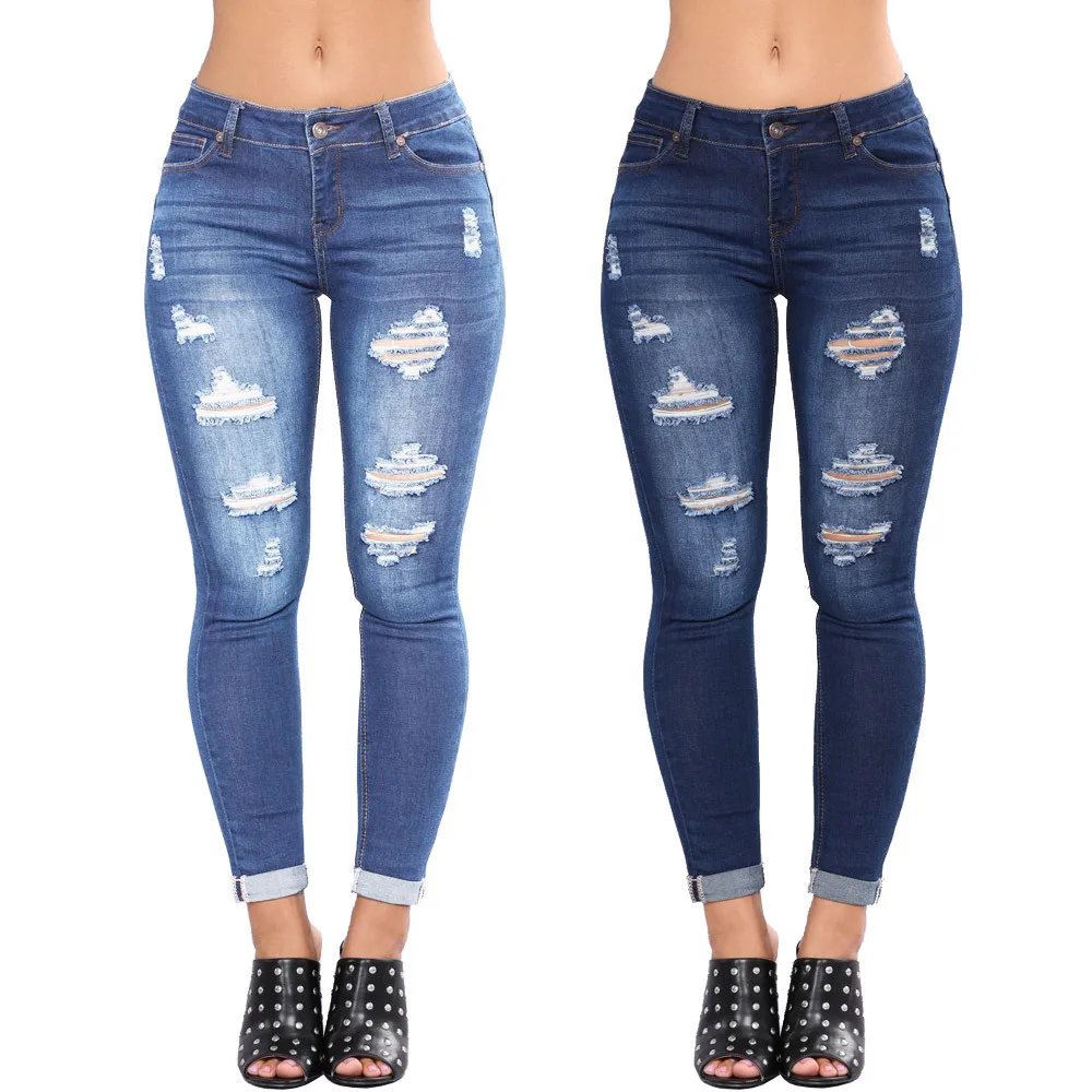 2022 New style oem blue black mid waist slim denim ladies pants women elastic pencil ripped jeans