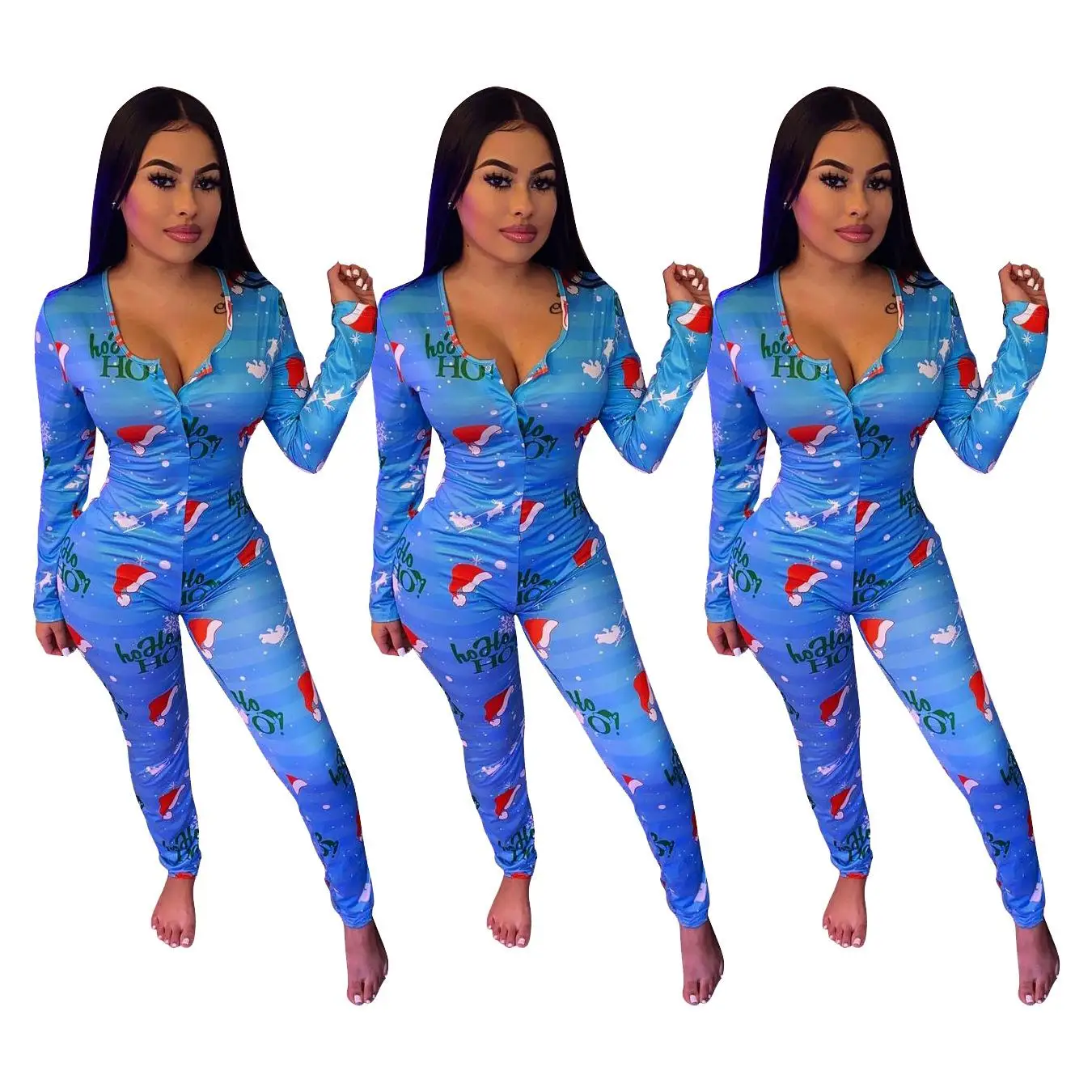 

2021 New Arrivals Girls Christmas Pajamas Woman Wholesale Printed Sexy Bodysuits Jumpsuits Women Christmas print home jumpsuit