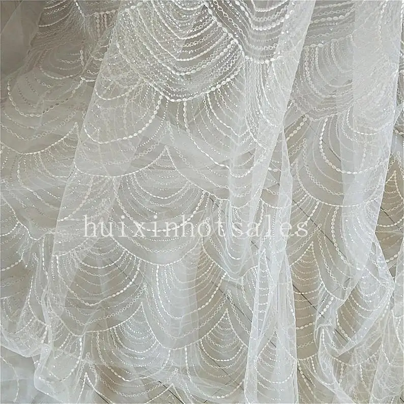 

Delicate Geometric Sequins Lace Fabric In Ivory For Dance Costume, Cosplay, Wedding Veil, Dresses 51" Wide 1 Yard