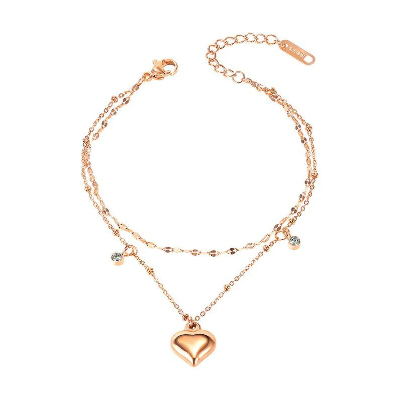 

Simple fashion double layer love heart crystal charm bracelet female rose gold titanium steel bracelet (KSS311), Same as the picture