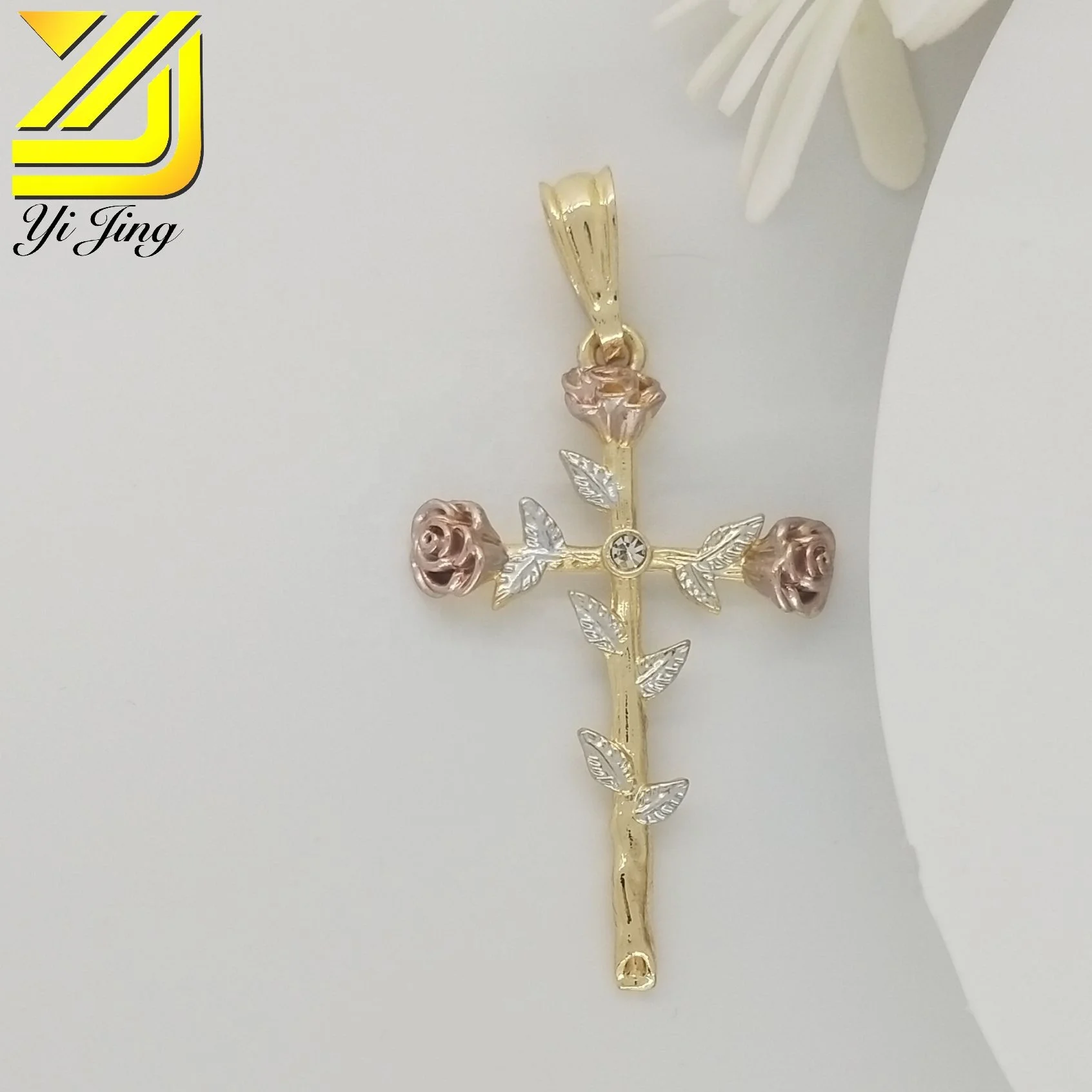 

Custom Made High Cost Performance religious jewelry Cross with rose tricolor Pendant Necklace