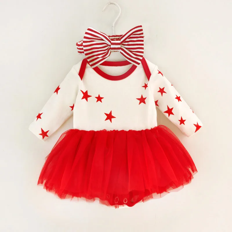 
Baby Spring and Autumn Dress Suit Pentagram Star Skirt One Piece Ball Gown Knitted 100% Cotton Bow Support Infants & Toddlers 