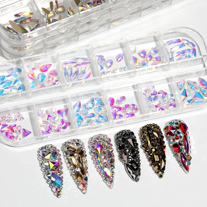 

Trendy 120pcs/box 3D AB Flat Back Glass Mix Shape big rhinestone boxes nail art gems decoration rhinestones kits