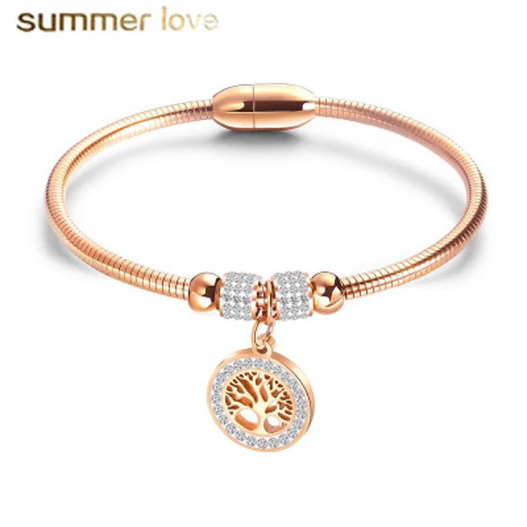 

2020 New Design Wholesale Fashion Magnetic Buckle Bracelets for Women Life Tree Cubic Zirconia Bracelet Stainless Steel Jewelry, As picture