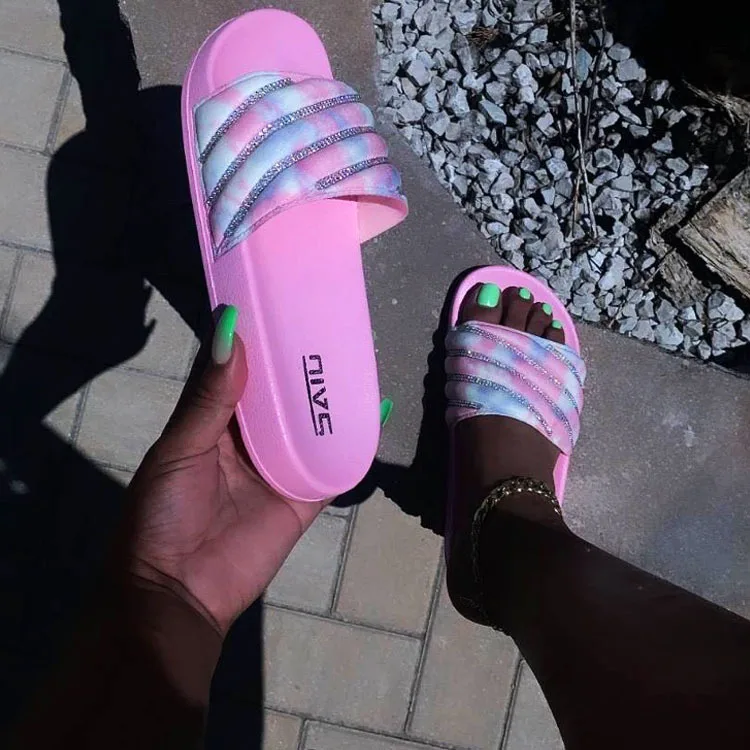 

Dropshipping shoes Wholesale Tie dye slides pink color rhinestone outdoor diamond slippers ladies sandals