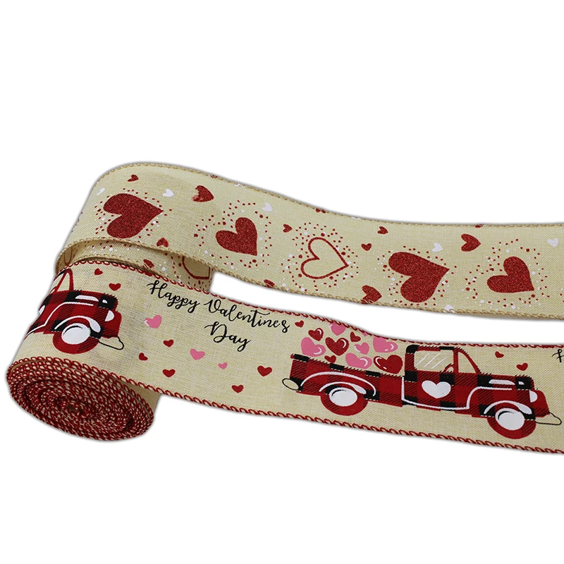 

2.5" Colorful Linen Wire Ribbon Wired Edge Patterned Hearts & Truck With Hearts Ribbon For Valentine's Day Decoration, As photos and customized