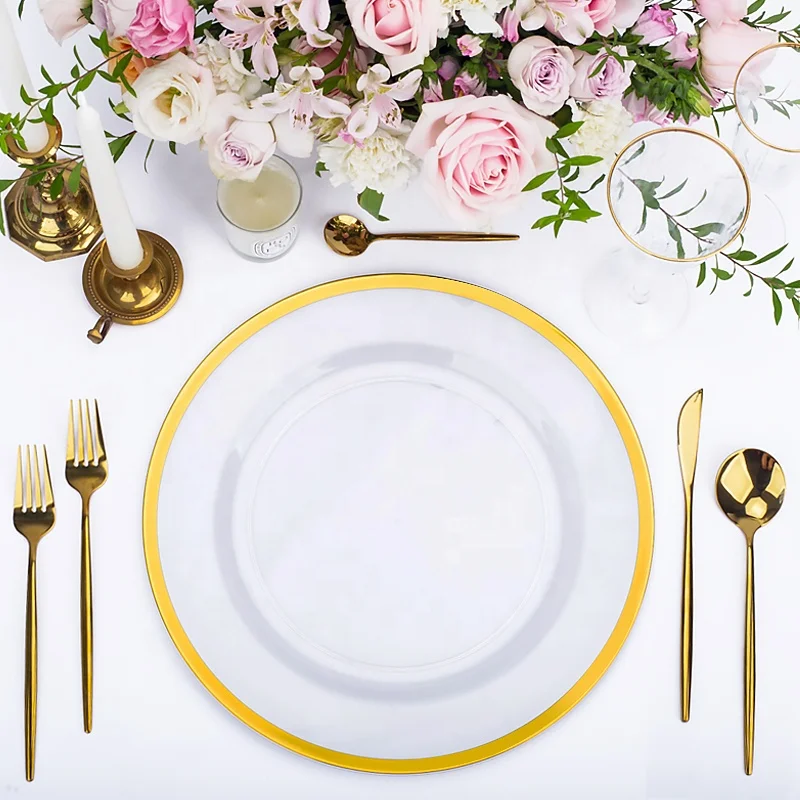 

13 inch cheap simple rose gold plastic clear charger plates wedding decorative acrylic silver glass charger plates wholesale, Gold / rose gold