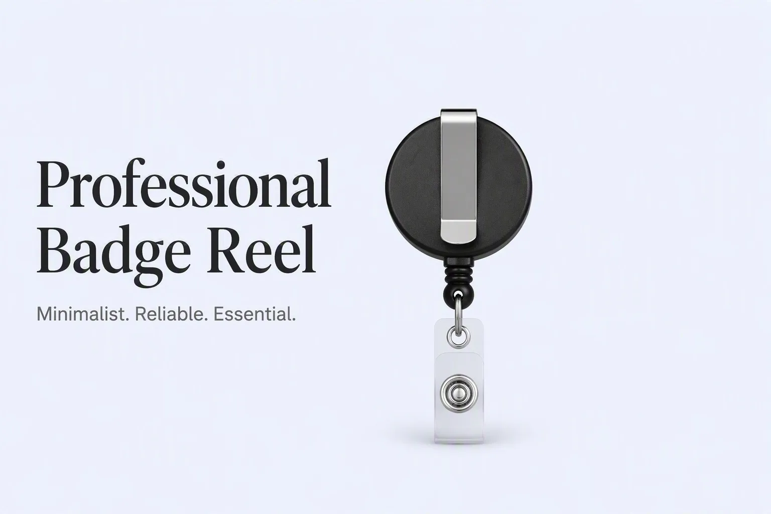 Professional badge reel on a soft lavender-blue background