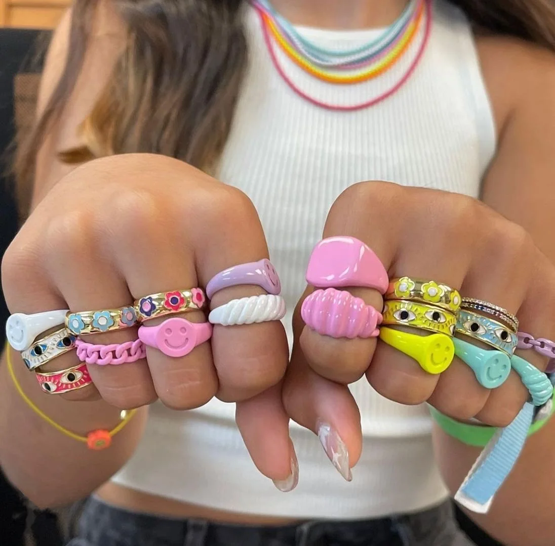 

2021 New Design punk lovely Antique colorful smiley face Ring with enamel Plated
