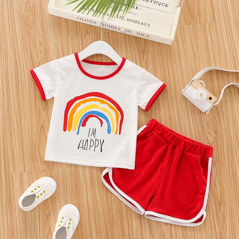 

Toddler Baby Girl Clothes Cotton Shirt Top Baby Girls Clothing Rainbow Sports Shorts Set Summer Baby Girl Outfits, Pink/purple/green/white