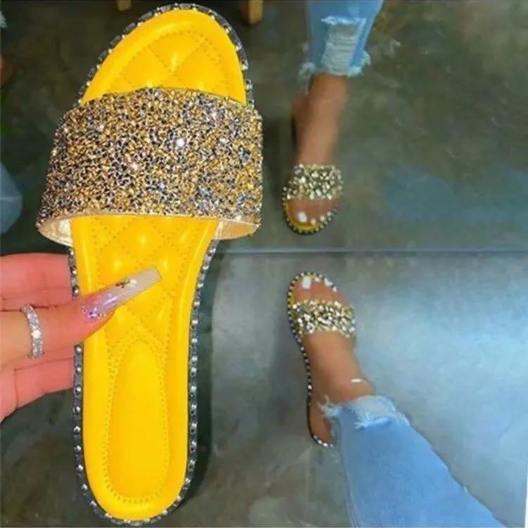 

Drop Shipping 2022 New Flat Rhinestone Sequins Soft Sole Women Slippers Sandals Beach Ladies Slippers And Sandal, 6 colors