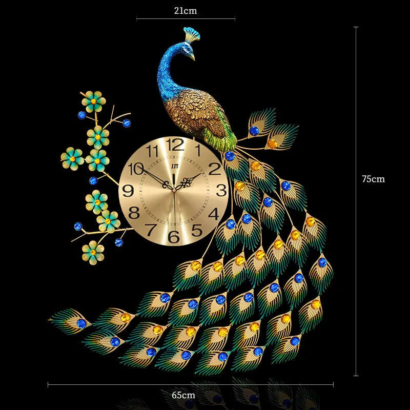 

2020 New Year Gift European Style Fashion Classic Luminous Mute Gold Peacock Decorate Metal Wall Clock