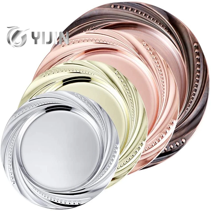 

Hot sale stainless steel round serv tray silver gold bronze wedding plate chargers, Silver/rose dold/gold/bronze