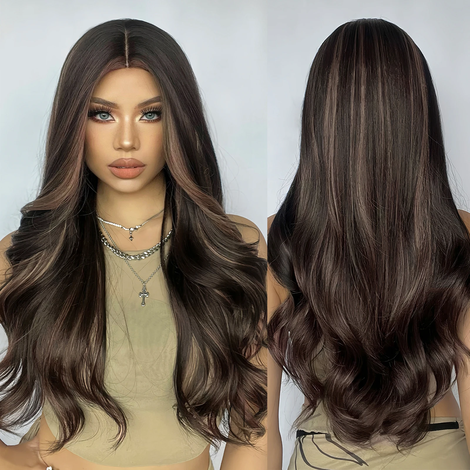 Factory Shipment Brown Long Body Wave Synthetic Wigs Highlight Mixed Color Wig for Women Daily Natural Looking Hair Wig