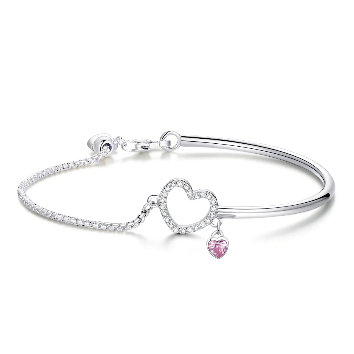 

BAMOER Romantic New 100% 925 Sterling Silver Heart Pink CZ Chain Link Bangles Bracelets for Women Sterling Silver Jewelry SCB117