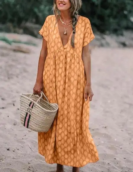 

2021 New womens Boho style Deep V Neck Floral Print Fashion Baggy Tunic Long Pleated Dresses Loose Beach Holiday SunDresses