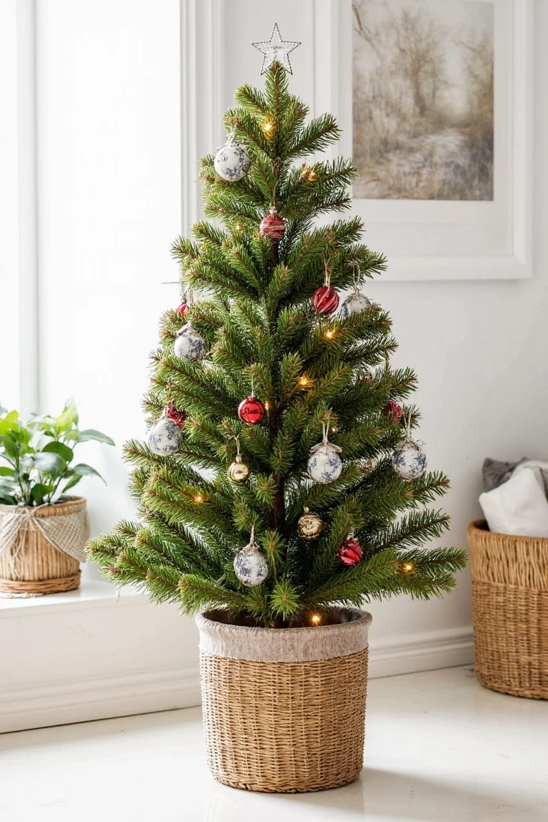 Close-up of a decorated Christmas tree in a basket with personalized ornaments