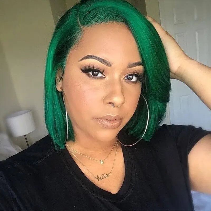 

Green Bob Lace Front Human Hair Wigs Straight Short Bob Human Hair T Part Lace Wig For Women 180% Brazilian 4x4 Lace Closure Wig